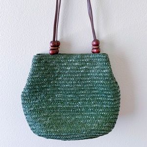 Rattan Beaded Strap Beach Bag Green